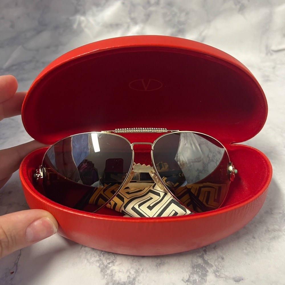 Valentino Gold Aviator Sunglasses with Silver-Gray Lenses and Red Case